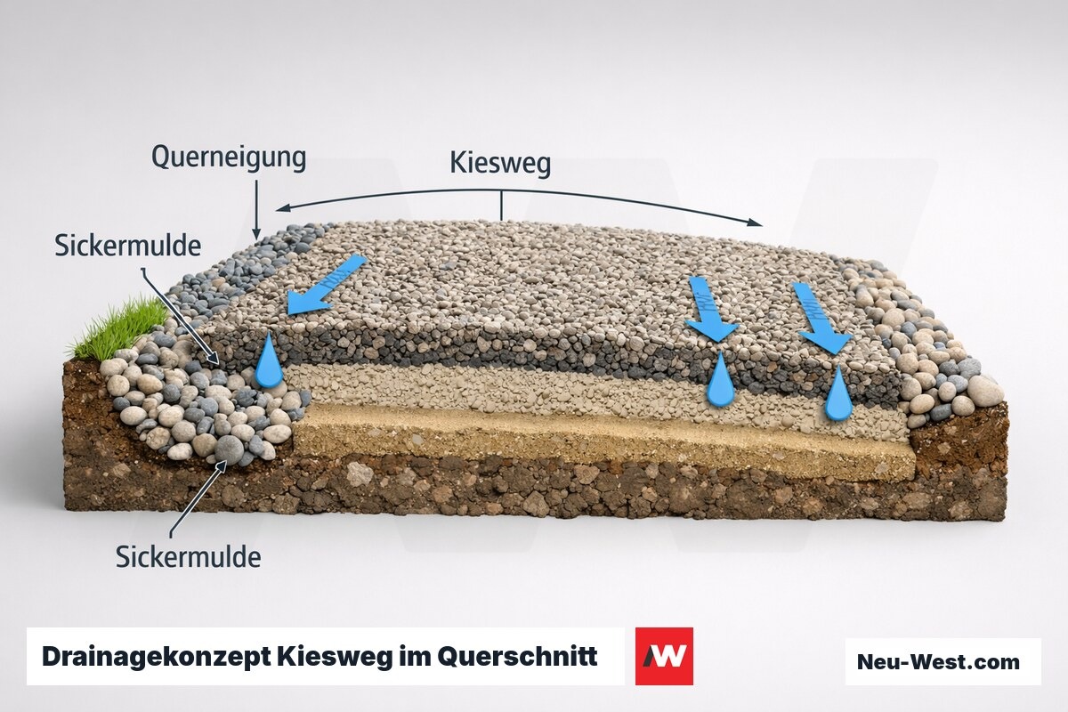 Drainagekonzept Kiesweg im Querschnitt: Oberflächen- und Tiefenversickerung – Erklär-Grafik (NEUWEST Berlin)