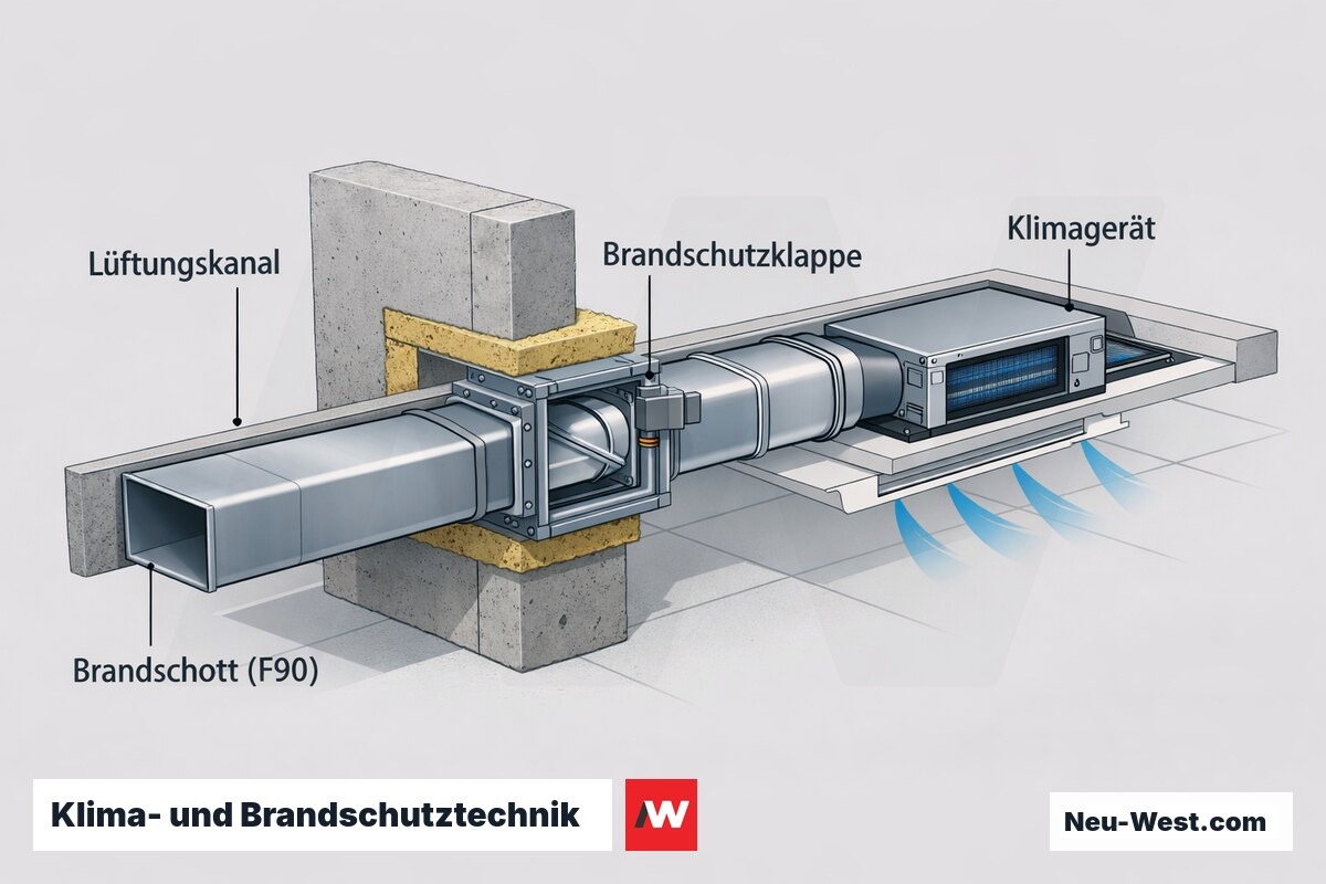 Querschnitt eines Gebäudes mit Klimagerät, Lüftungskanal, Brandschutzklappe und F90-Brandschott in der lufttechnischen Anlage.