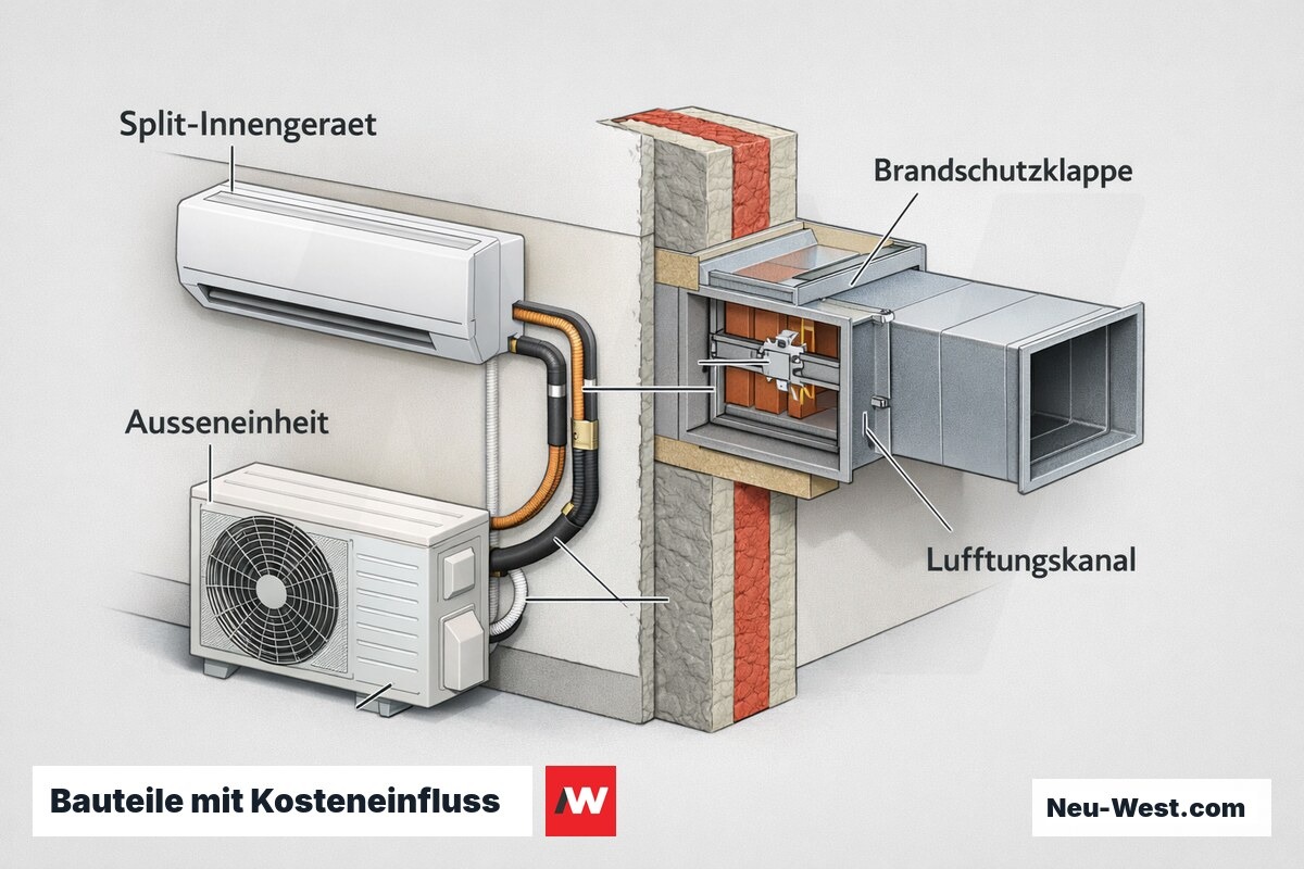 Querschnitt mit Split-Innengerät, Außeneinheit, Lüftungskanal und Brandschutzklappe als kostenrelevante Bauteile.