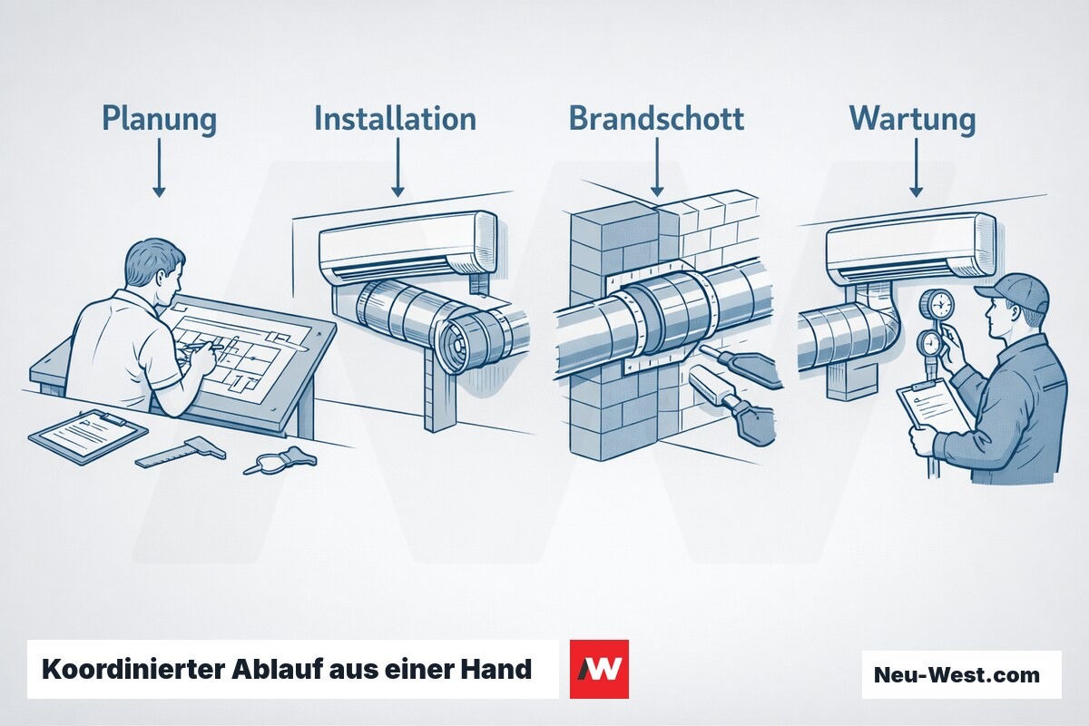 Prozess-Sequenz: Planung, Installation von Klimagerät und Brandschutzklappe, Brandschott-Abschottung und Wartung im koordinierten Ablauf durch einen Fachbetrieb.