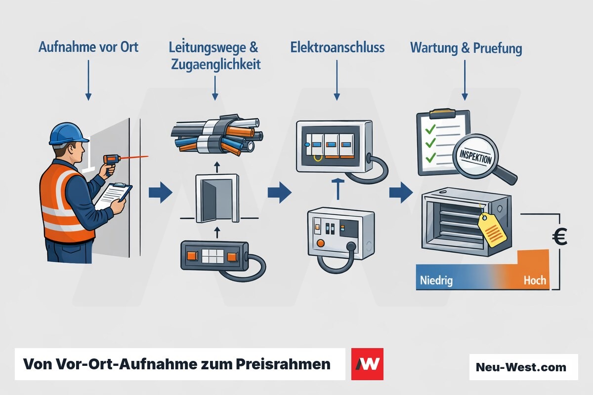Ablaufdiagramm: Vor-Ort-Aufnahme, Kostenfaktoren wie Leitungswege, Zugänglichkeit und Elektroanschluss sowie Wartung und Prüfung führen zum Preisrahmen.