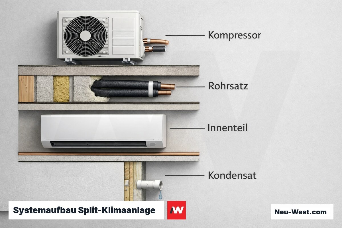 Systemaufbau Split-Klimaanlage: Innen-/Außengerät, Rohrsatz und Kondensatleitung – Erklär-Grafik (NEUWEST Berlin)