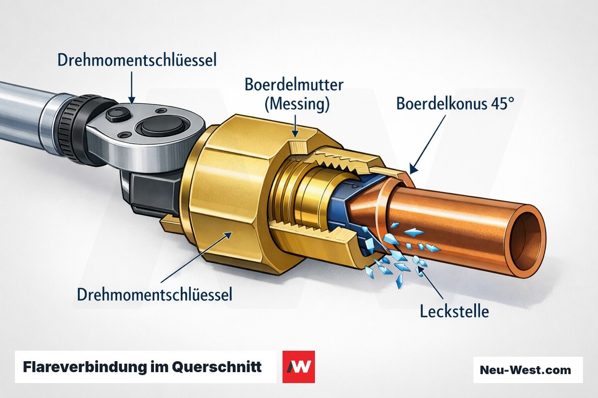Querschnitt einer Flareverbindung mit Bördelmutter, Bördelkonus und Drehmomentschlüssel; markierte Leckstelle bei falschem Anzugsmoment.