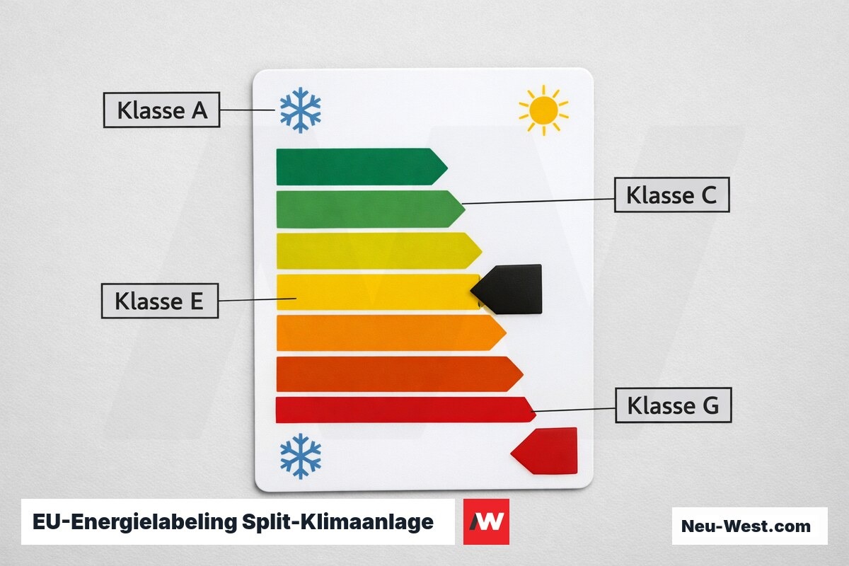 EU-Energielabeling Split-Klimaanlage: SEER-Effizienzklassen A bis G (Neuskalierung 2021) – Erklär-Grafik (NEUWEST Berlin)