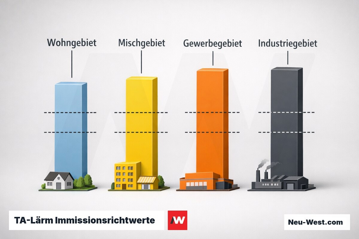 TA-Lärm Immissionsrichtwerte und Split-Außengeräte-Schallpegel: Gebietsvergleich – Erklär-Grafik (NEUWEST Berlin)