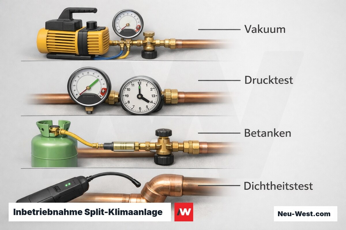 Inbetriebnahme Split-Klimaanlage: Vakuumziehen, Druckhaltetest, Befüllung und Dichtheitstest – Erklär-Grafik (NEUWEST Berlin)
