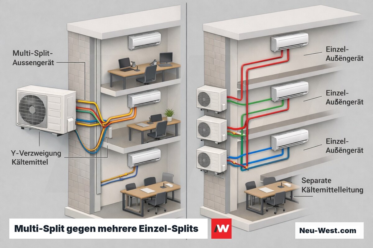 Vergleichsschnitt: links ein Multi-Split-Außengerät mit verzweigten Leitungen zu drei Räumen, rechts drei unabhängige Einzel-Split-Anlagen mit eigenen Außengeräten und Leitungen.
