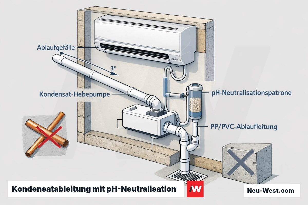 Querschnitt einer Klima-Kondensatableitung mit Gefälle, Hebepumpe und pH-Neutralisationspatrone in PP/PVC-Leitung statt Kupfer.