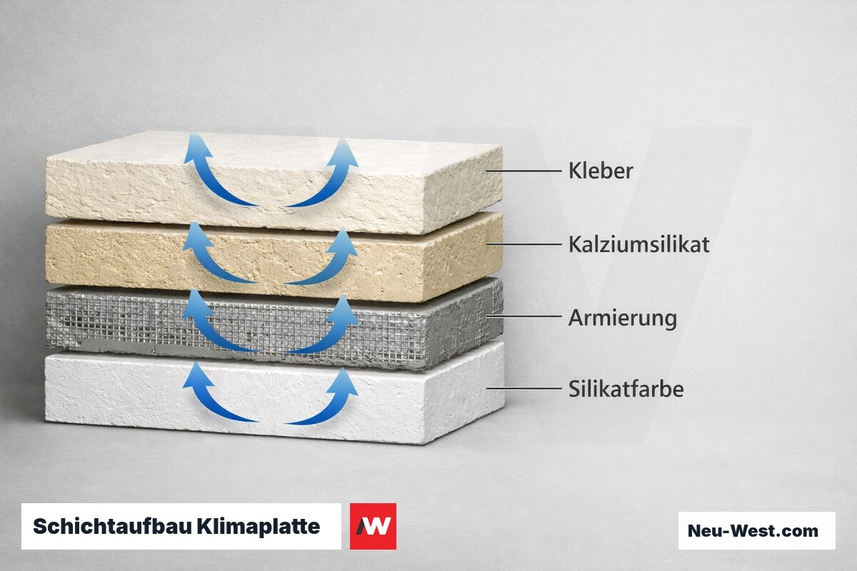 Schichtaufbau Klimaplatte: Kapillarer Feuchtetransport saisonal – Erklär-Grafik (NEUWEST Berlin)