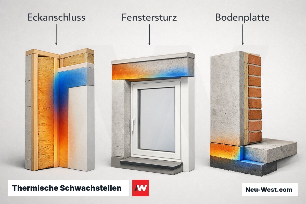 Thermische Schwachstellen: Wo lineare Wärmebrücken entstehen – Erklär-Grafik (NEUWEST Berlin)
