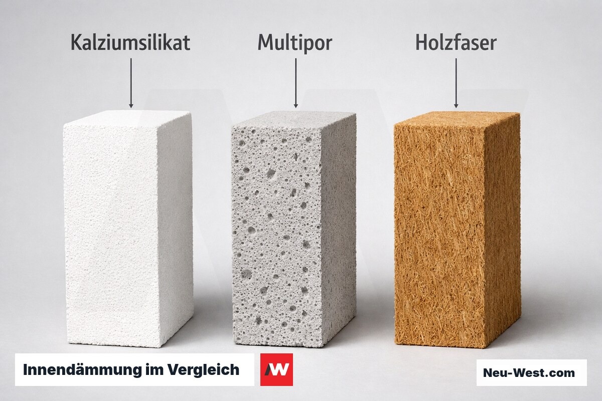 Innendämmung im Vergleich: Kalziumsilikat, Multipor und Holzfaser – Erklär-Grafik (NEUWEST Berlin)