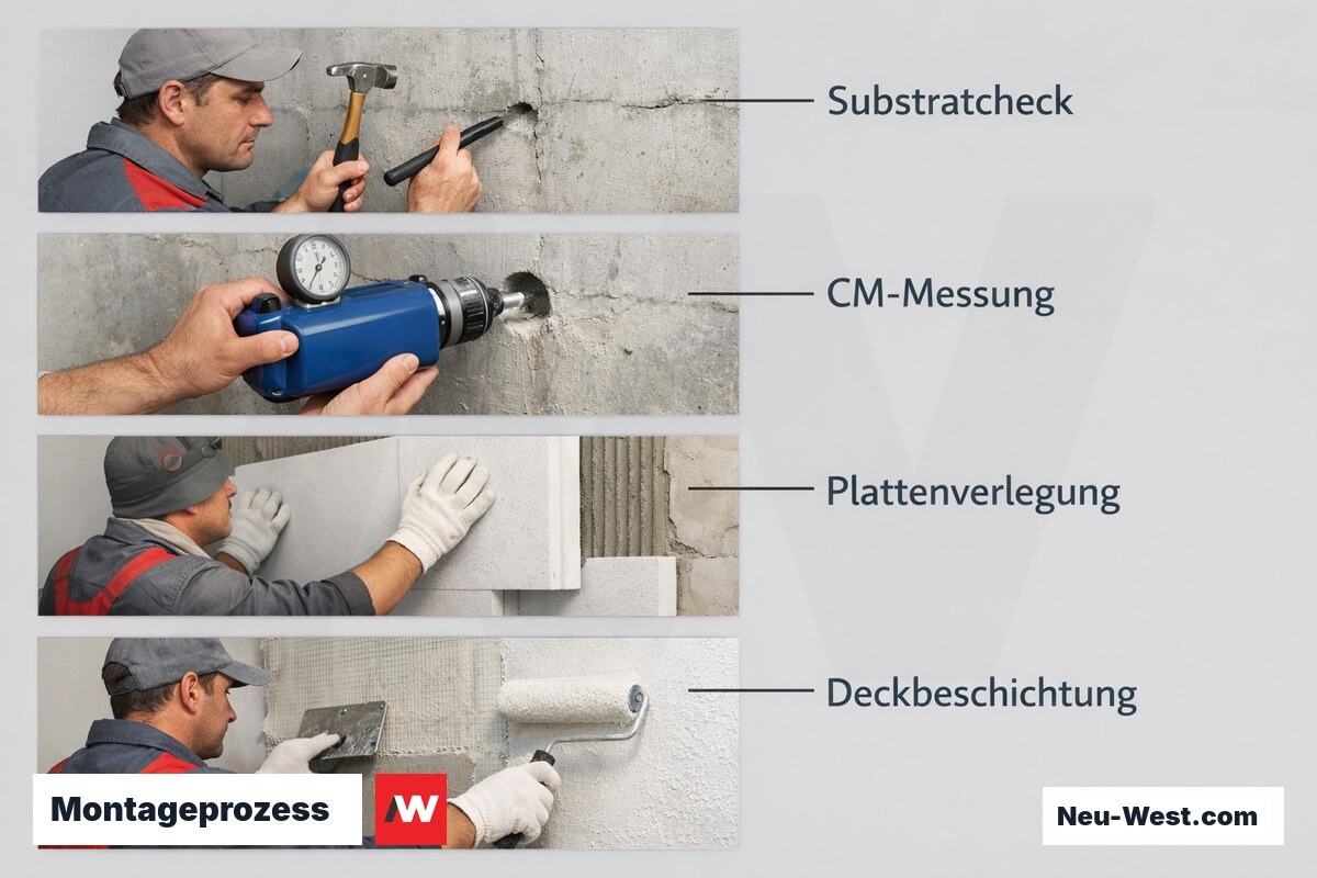 Montageprozess: Von der Untergrundprüfung bis zur Deckbeschichtung – Erklär-Grafik (NEUWEST Berlin)