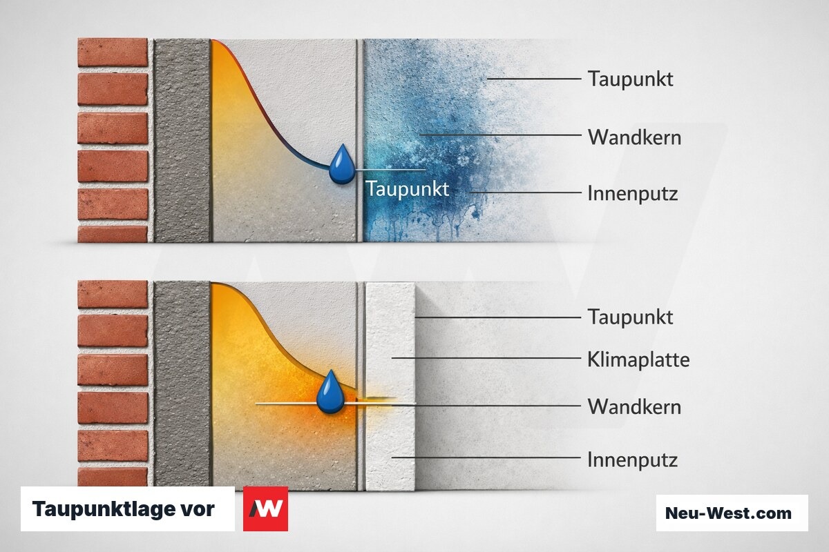 Taupunktlage vor und nach Klimaplatten-Montage im Wandquerschnitt – Erklär-Grafik (NEUWEST Berlin)