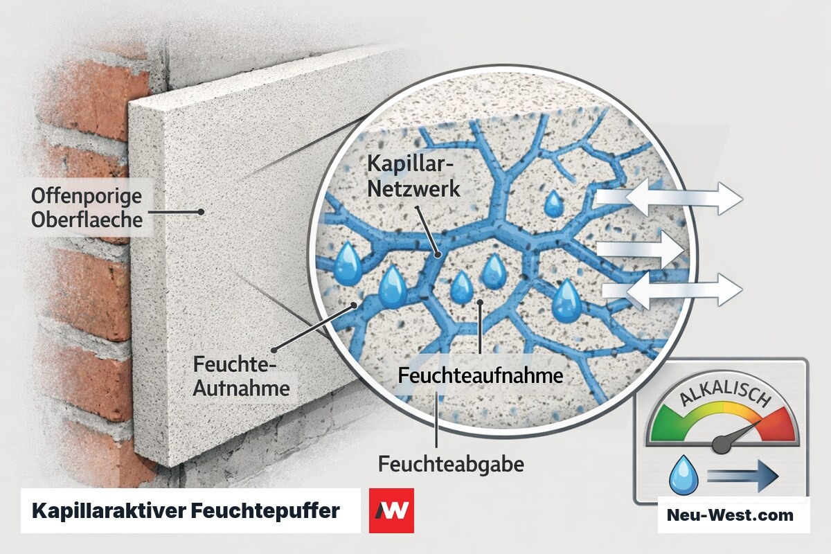 Cutaway-Detail einer Calciumsilikatplatte: offenporige Oberfläche nimmt Raumluftfeuchte auf, verteilt sie kapillar und gibt sie trocken wieder ab.