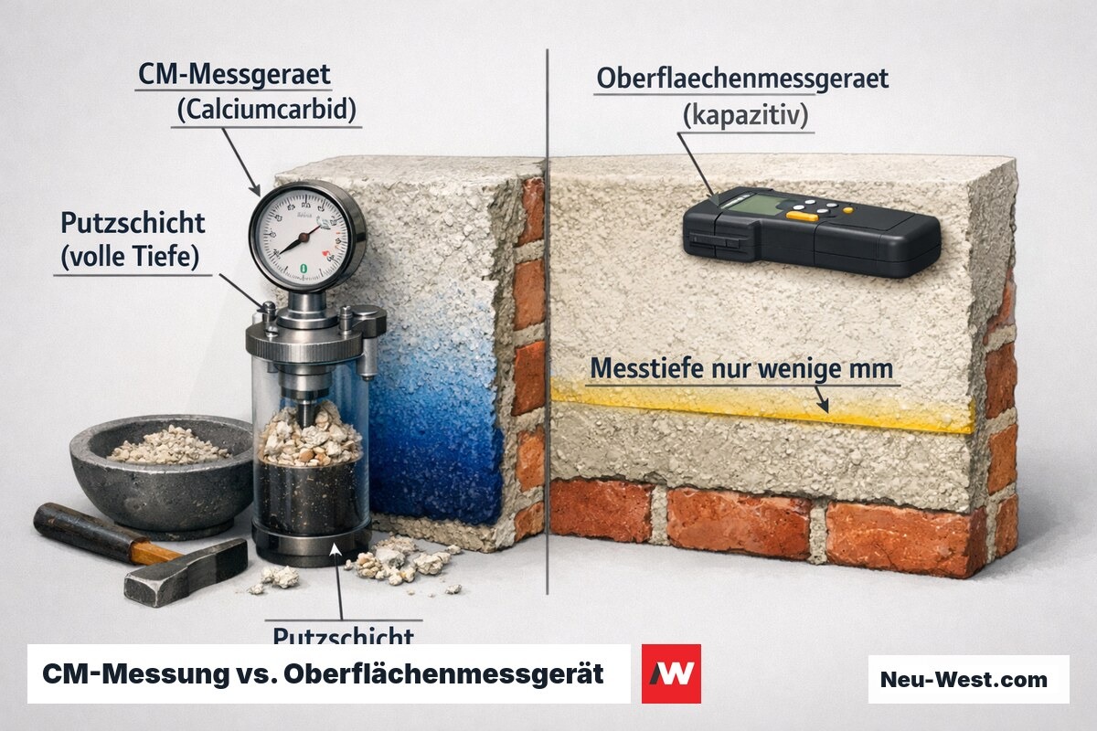 Querschnitt-Vergleich: CM-Calciumcarbid-Messgerät erfasst volle Putztiefe, kapazitives Oberflächenmessgerät nur die äußersten Millimeter der Putzschicht.
