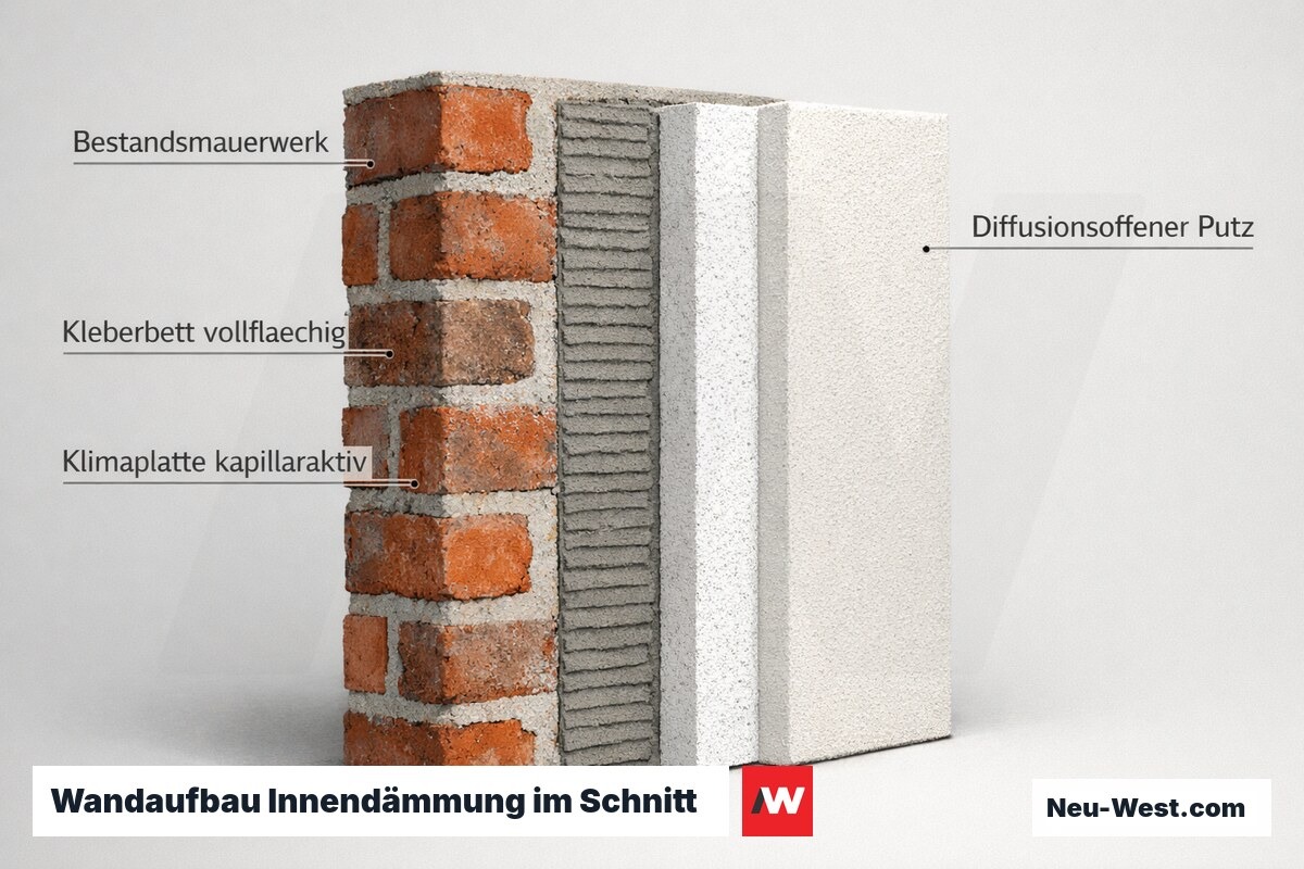 Bauteilschnitt einer Innendämmung: Bestandsmauerwerk, vollflächiges Kleberbett, kapillaraktive Klimaplatte und diffusionsoffener Innenputz im Detail.