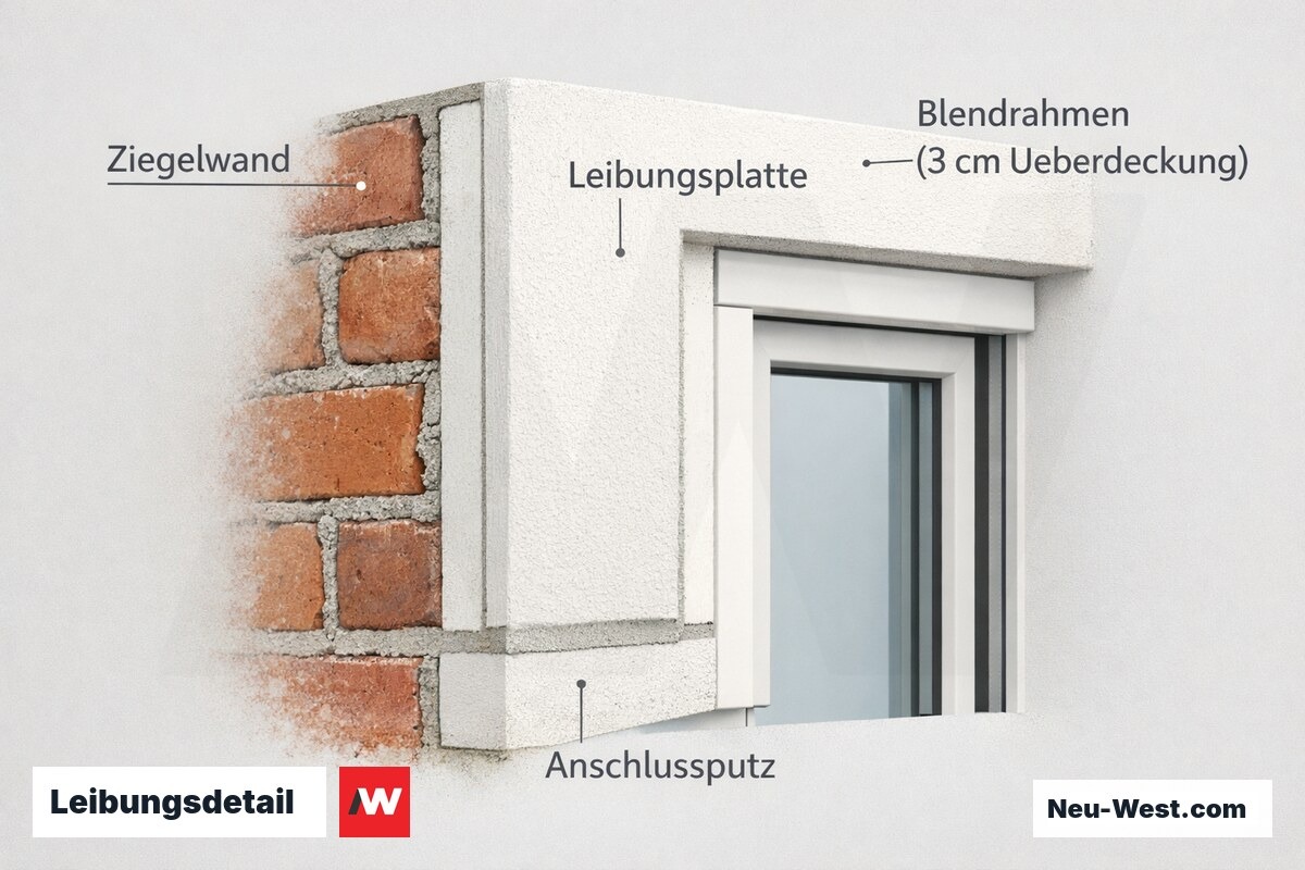 Querschnitt einer Fensterleibung: Leibungsplatte bis zum Blendrahmen geführt, mit Anschlussputz überschlemmt, zur Vermeidung von Tauwasser am Rahmen.