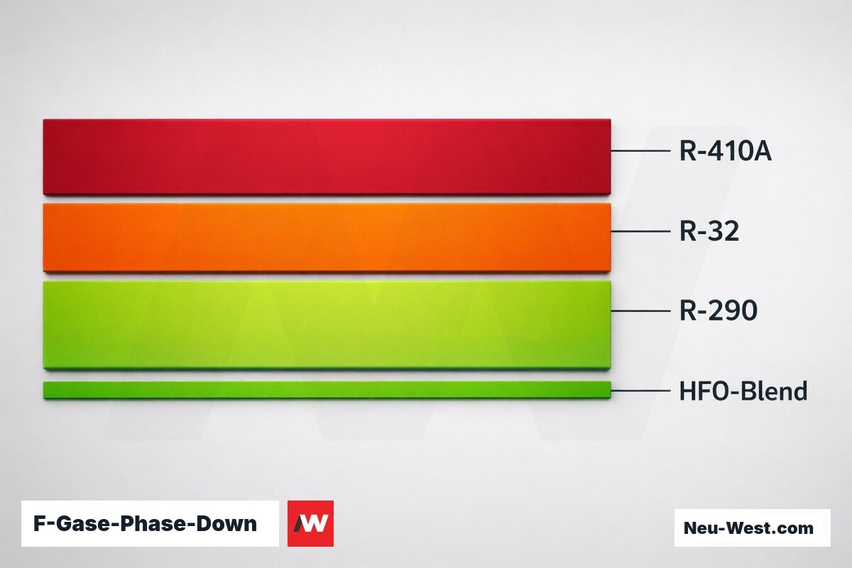 F-Gase-Phase-Down: GWP-Obergrenzen nach EU-VO 517/2014 – Erklär-Grafik (NEUWEST Berlin)