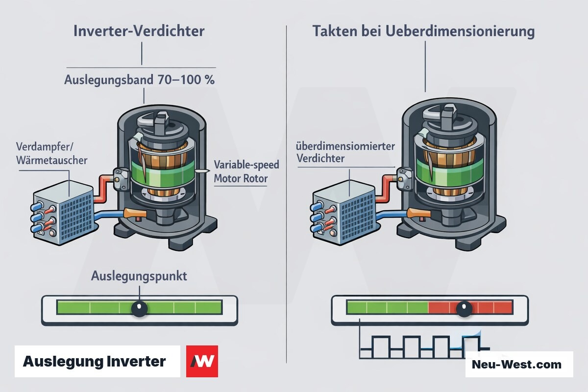 Vergleichsgrafik Inverter-Wärmepumpe: korrekt dimensionierter Verdichter im Auslegungsband 70–100 % gegenüber überdimensioniertem Gerät mit Takten.