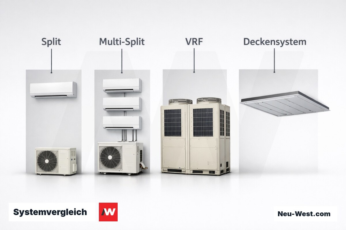 Systemvergleich: Split, Multi-Split, VRF und Kühldecke im Überblick – Erklär-Grafik (NEUWEST Berlin)
