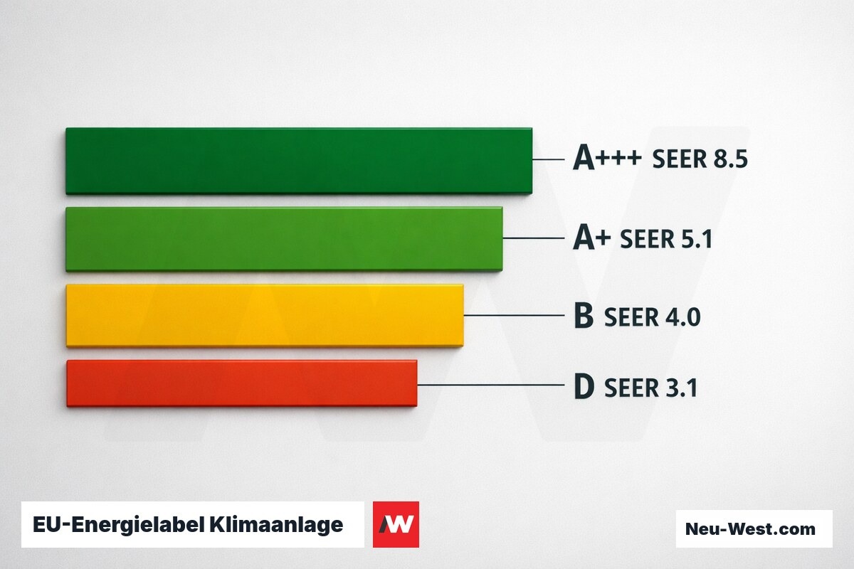 EU-Energielabel Klimaanlage: SEER- und SCOP-Staffelung nach VO 626/2011 – Erklär-Grafik (NEUWEST Berlin)