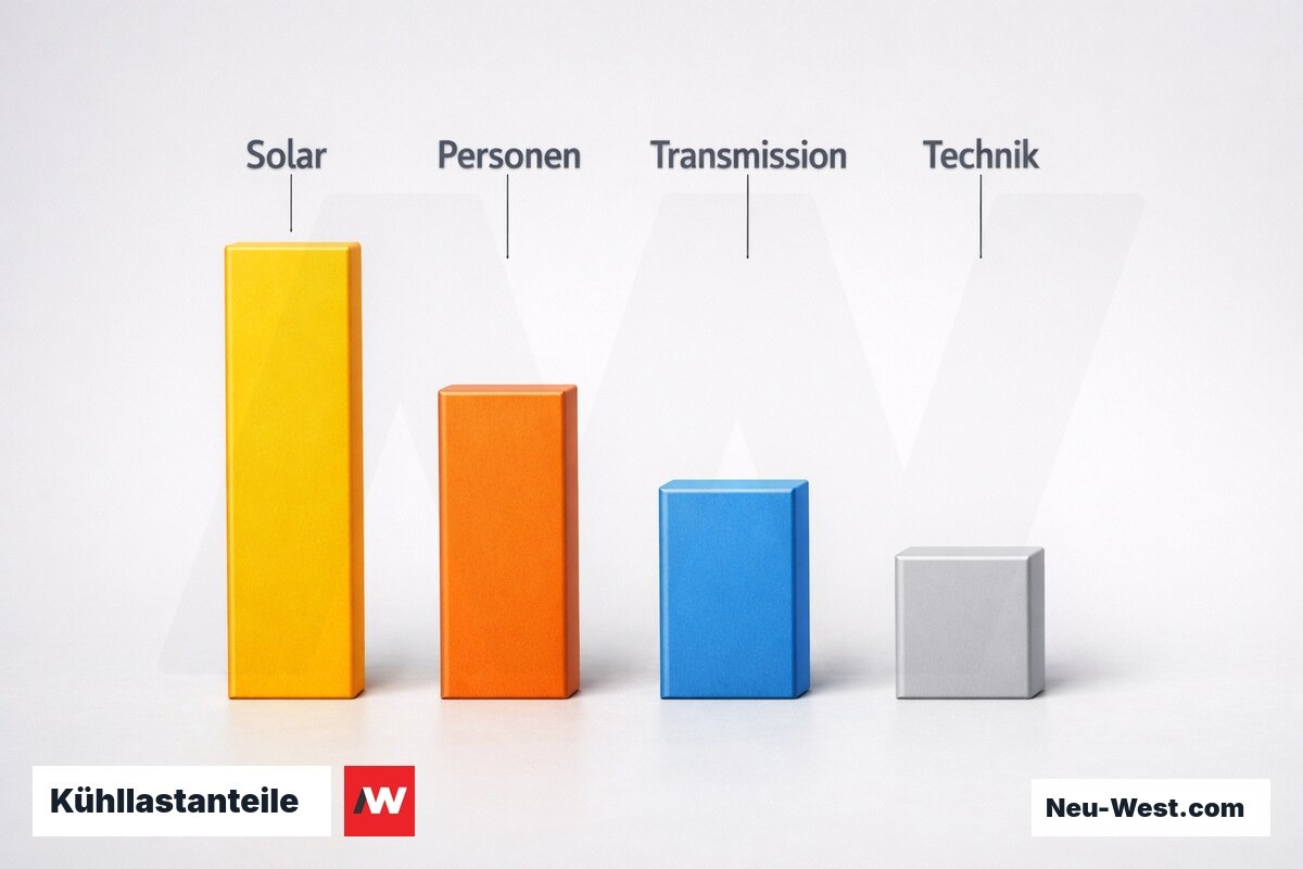 Kühllastanteile: Solare, interne und transmissive Lasten im Büro- und Wohnungsbau – Erklär-Grafik (NEUWEST Berlin)
