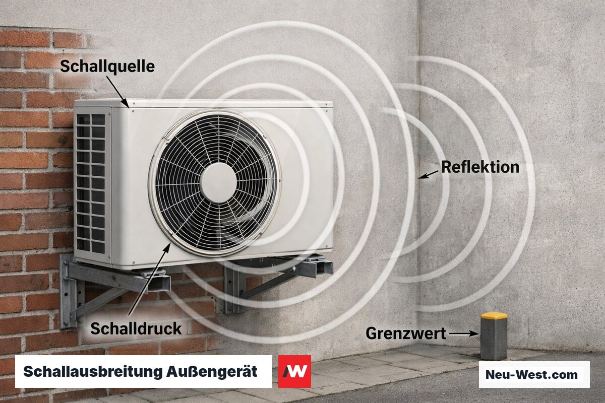 Schallausbreitung Außengerät: Schallleistungspegel, Schalldruck und TA-Lärm-Grenzwerte – Erklär-Grafik (NEUWEST Berlin)