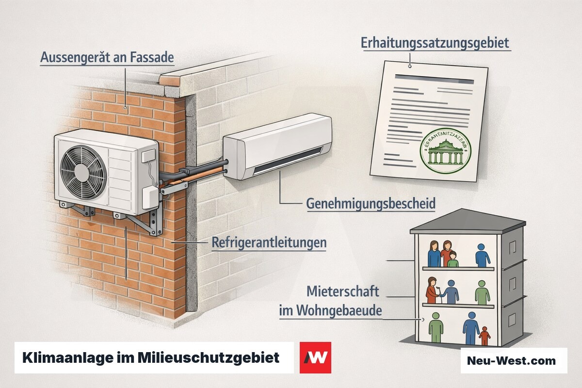 Querschnitt eines Berliner Wohngebäudes im Milieuschutzgebiet mit Klimaanlagen-Außengerät an der Fassade und Genehmigungsbescheid nach Erhaltungssatzung.