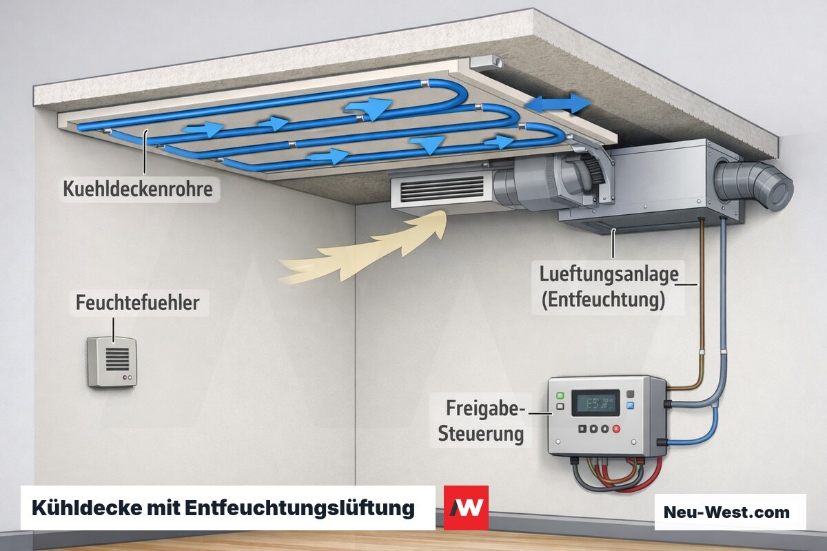 Querschnitt eines Raums mit Kühldecke, Lüftungsanlage zur Entfeuchtung, Feuchtefühler und Steuerung zur Taupunkt-Freigabe.