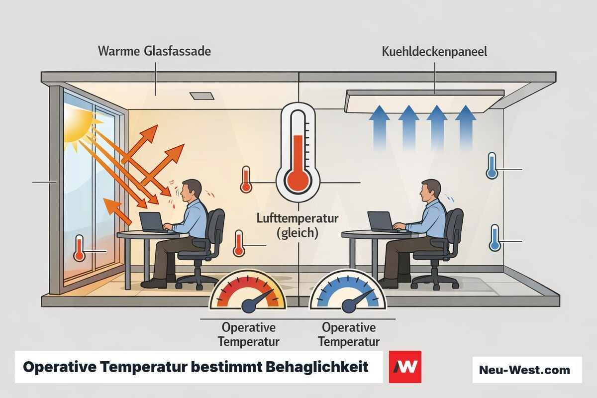 Erklär-Illustration: Raum mit warmer Glasfassade und Kühldecke, gleiche Lufttemperatur aber unterschiedliche operative Temperatur und PMV.