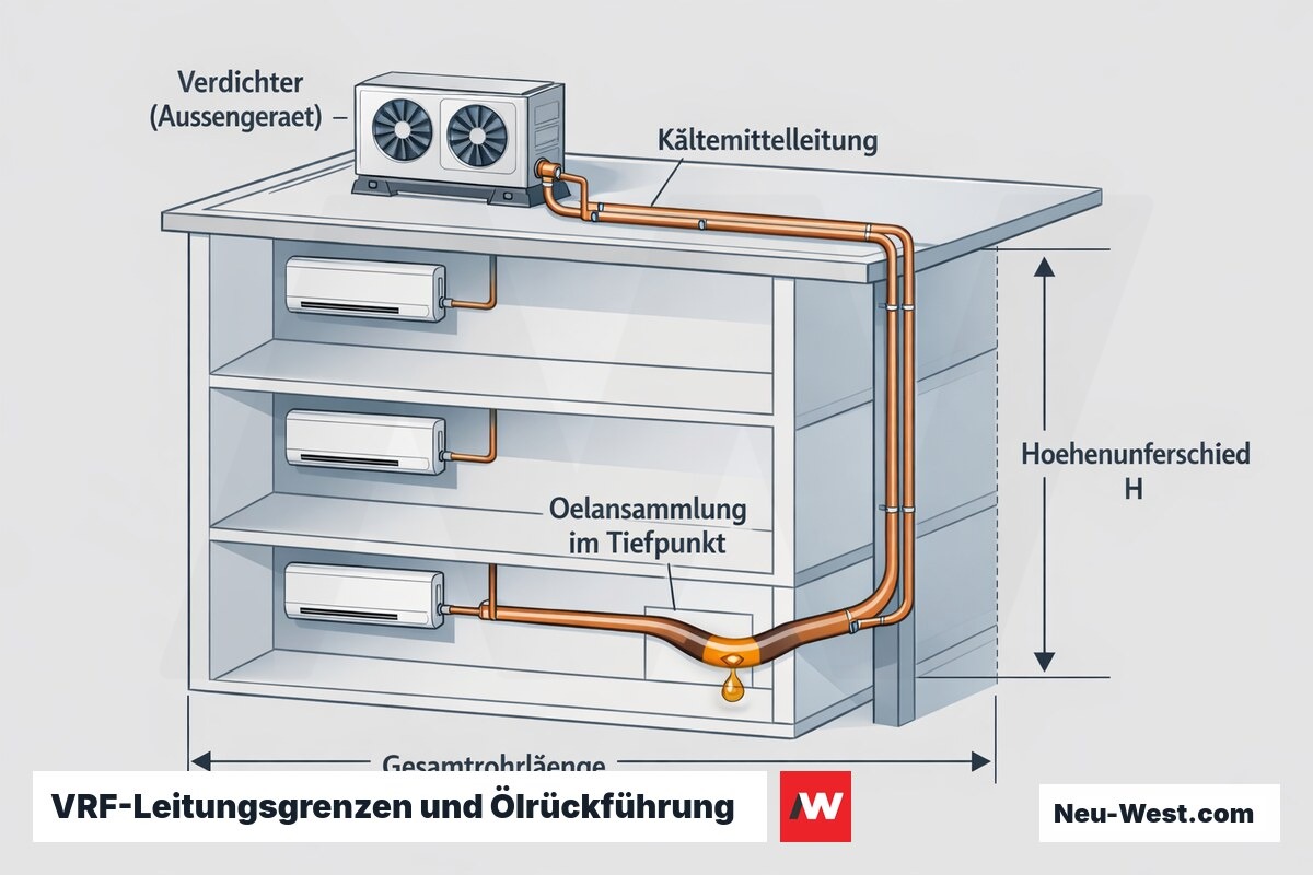 Cutaway eines VRF-Systems: Verdichter, lange Kältemittelleitung, Höhenunterschied und Ölansammlung im geneigten Leitungsabschnitt.