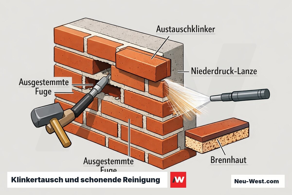 Erklaer-Grafik: Einzelner Klinker wird ausgetauscht, Fuge ausgestemmt und Fassade mit Niederdruck-Lanze schonend gereinigt, Brennhaut im Querschnitt.