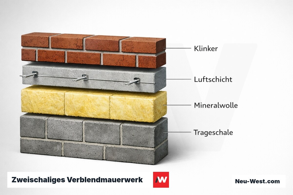 Zweischaliges Verblendmauerwerk: Schichtaufbau mit Klinkervormauerung – Erklär-Grafik (NEUWEST Berlin)