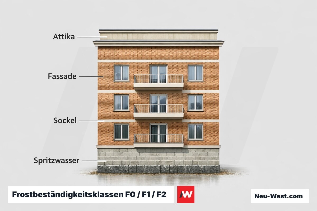 Frostbeständigkeitsklassen F0 / F1 / F2 nach DIN EN 771-1 — Pflichtzonen am Gebäude – Erklär-Grafik (NEUWEST Berlin)