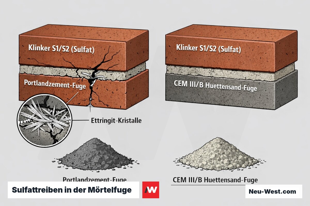 Querschnitt einer Mörtelfuge: sulfathaltiger Klinker treibt Portlandzement durch Ettringit auf, sulfatbeständiger CEM III/B-Mörtel bleibt intakt.