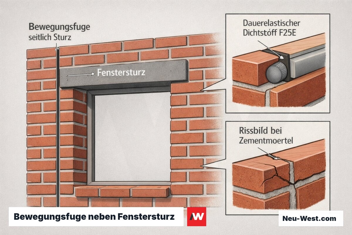 Erklär-Grafik: vertikale Bewegungsfuge neben Fenstersturz im Klinkermauerwerk, elastische F25E-Verfüllung gegenüber fehlerhafter Zementmörtelfuge mit Rissbild.