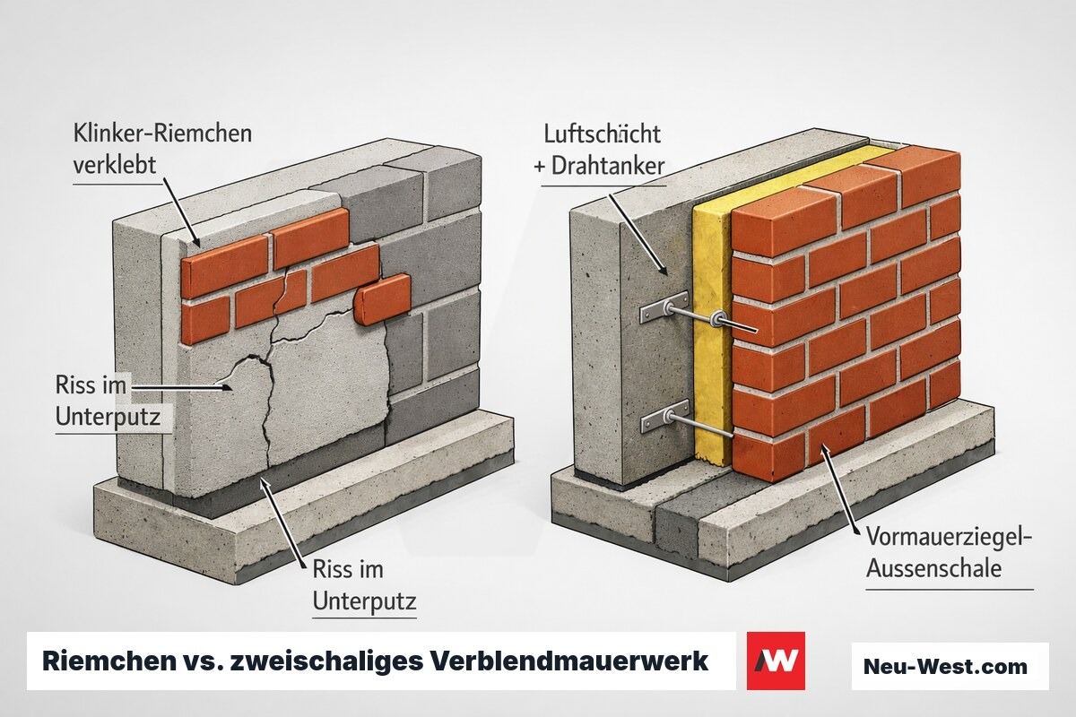 Vergleichs-Querschnitt: verklebtes Klinker-Riemchen mit gerissenem Unterputz gegenüber tragender zweischaliger Vormauerziegel-Schale mit Luftschicht und Drahtankern.