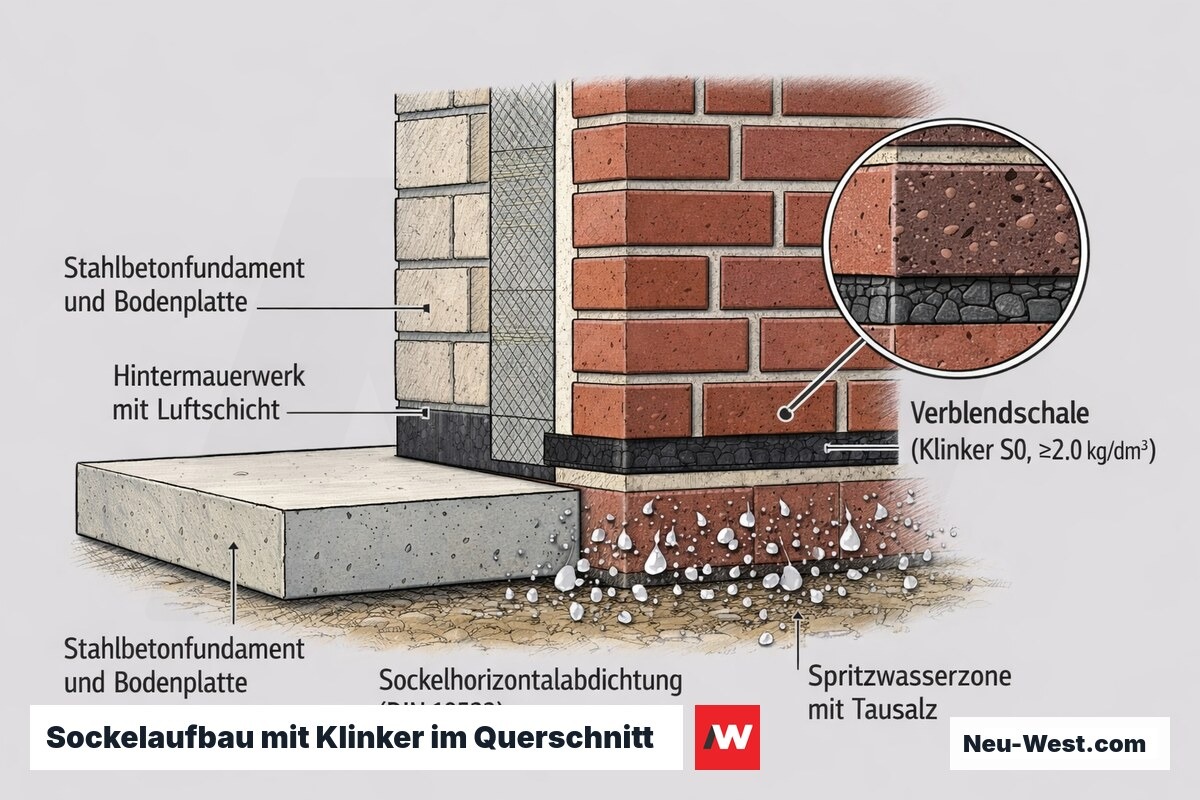 Querschnitt der Klinker-Sockelzone: Verblendschale, durchgehende Horizontalabdichtung nach DIN 18533, Hintermauerwerk und Spritzwasserzone mit Tausalz.