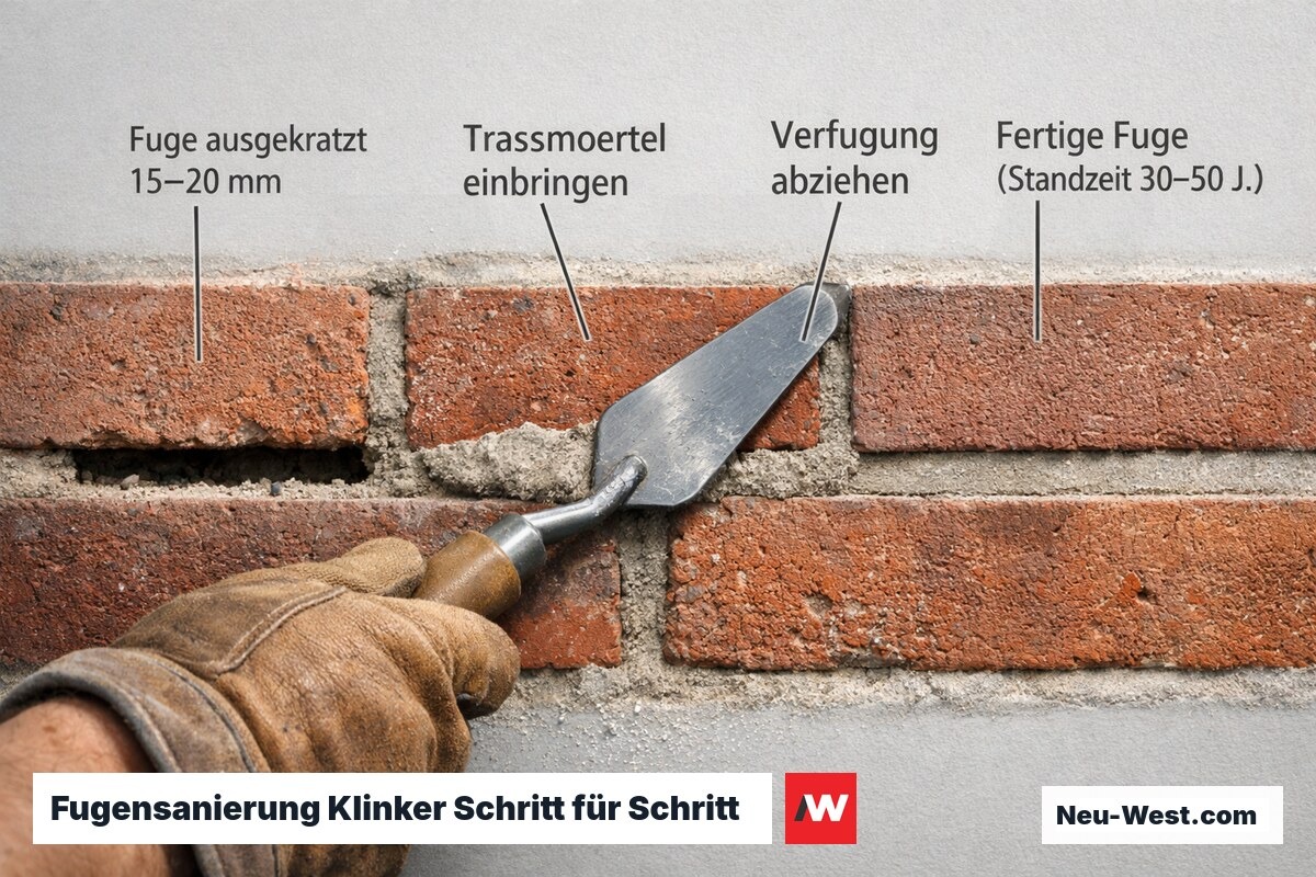 Handwerker saniert Klinkerfugen in drei Phasen: auskratzen, Trassmörtel einbringen, Oberfläche abziehen – Nahaufnahme Querschnitt.