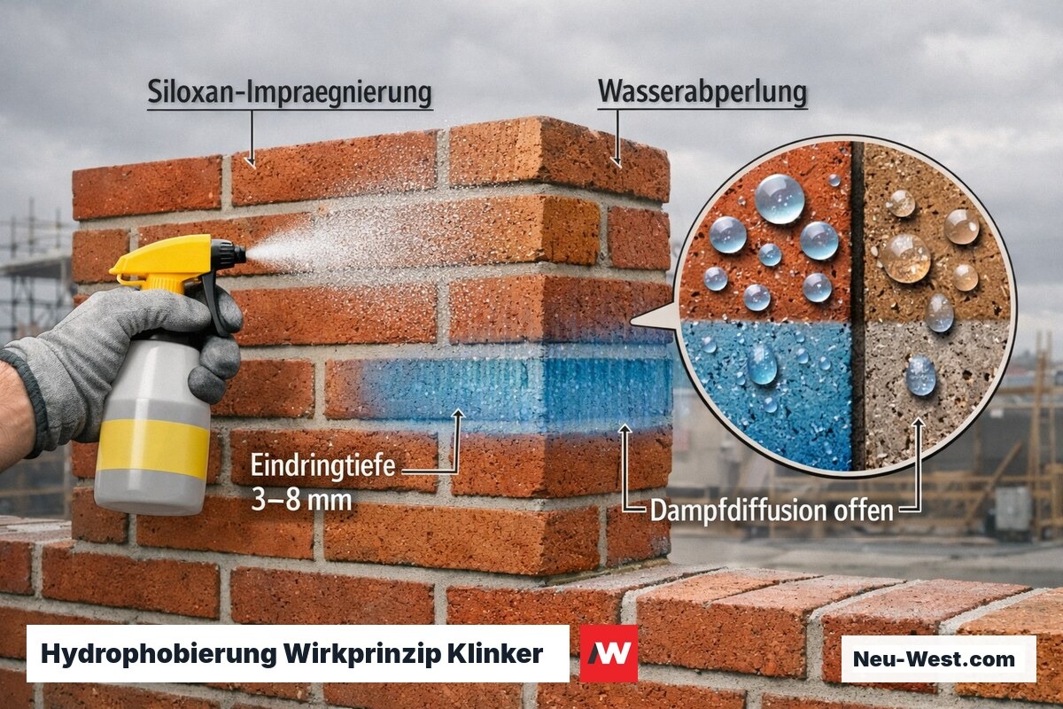 Querschnitt-Illustration zeigt Siloxan-Imprägniermittel das tief in Klinkerziegel eindringt und Wasser abweist, Dampfdiffusion bleibt erhalten.