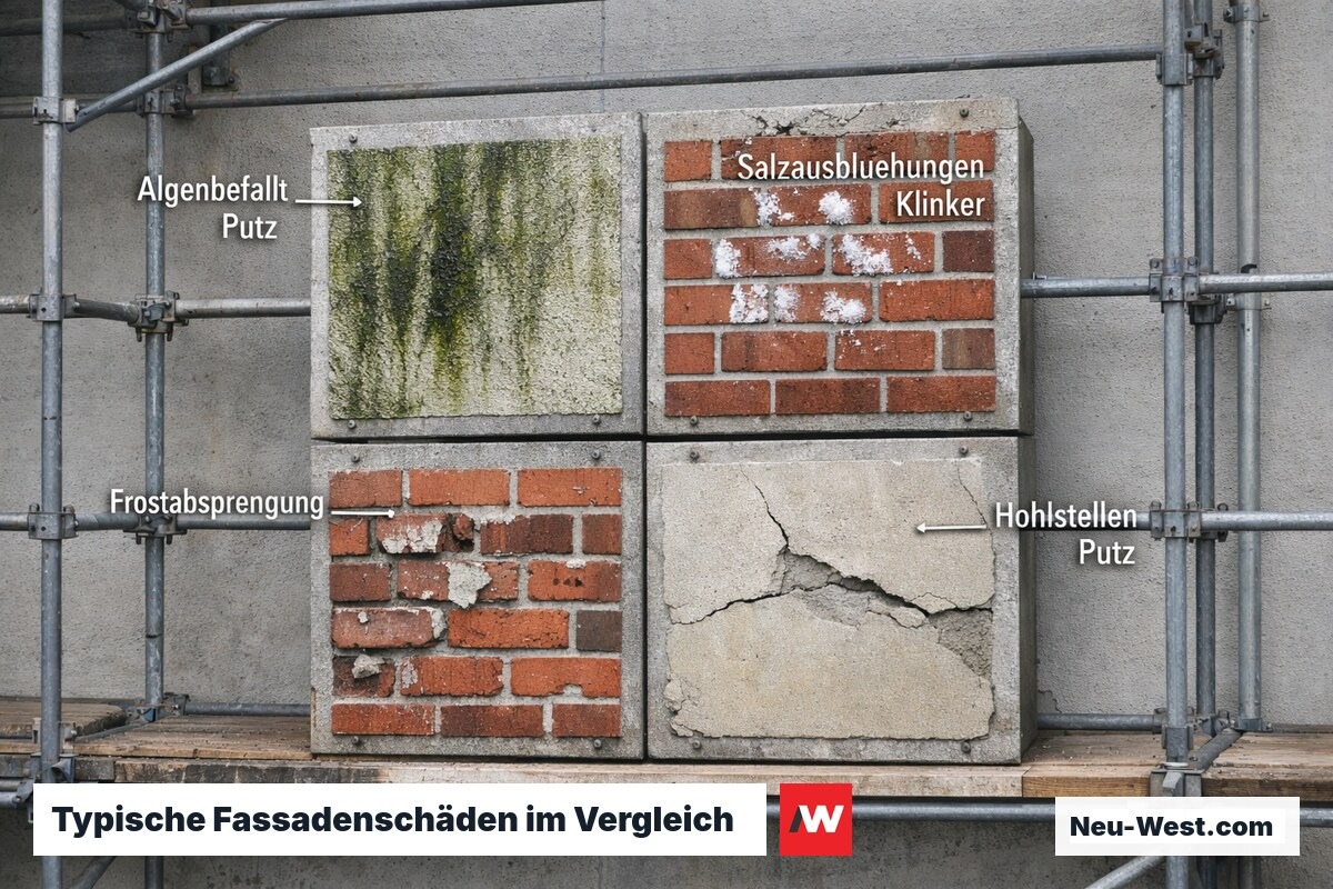 Vier nebeneinander gezeigte Fassadenausschnitte mit typischen Schadensbildern: Algenbefall, Salzausblühungen, Frostschäden und Hohlstellen.