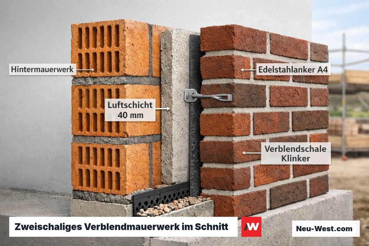 Querschnitt durch zweischaliges Verblendmauerwerk mit Luftschicht, Edelstahlankern und Klinker-Verblendschale.