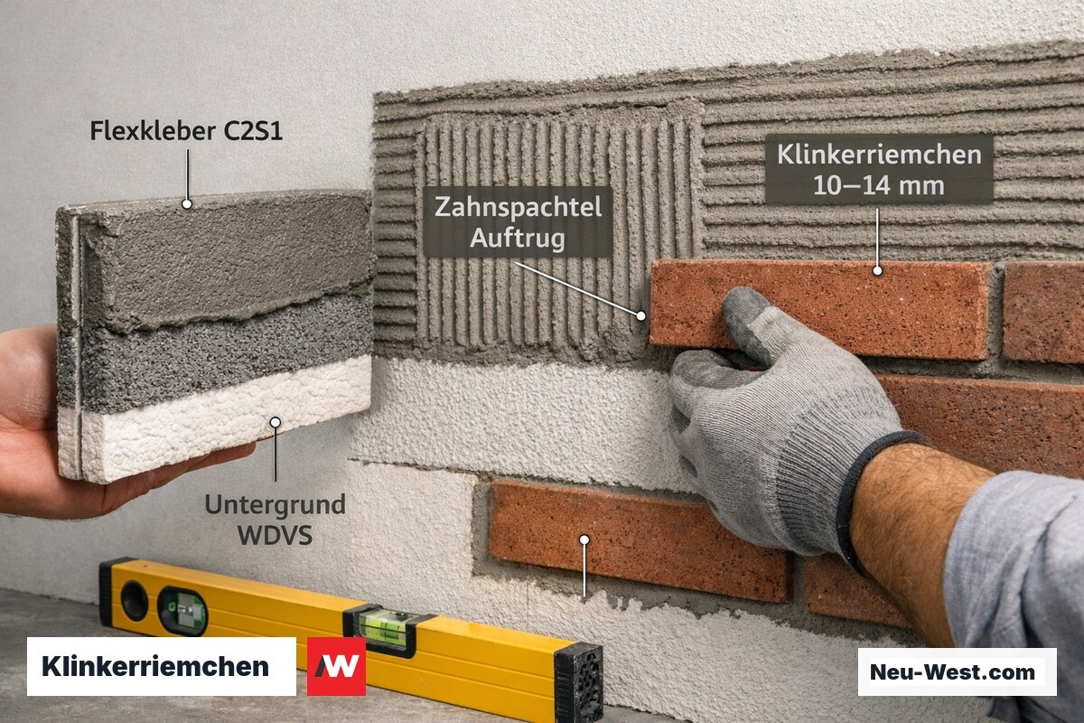 Handwerker klebt Klinkerriemchen mit Flexkleber C2S1 auf WDVS-Untergrund, Zahnspachtel und Wasserwaage sichtbar.