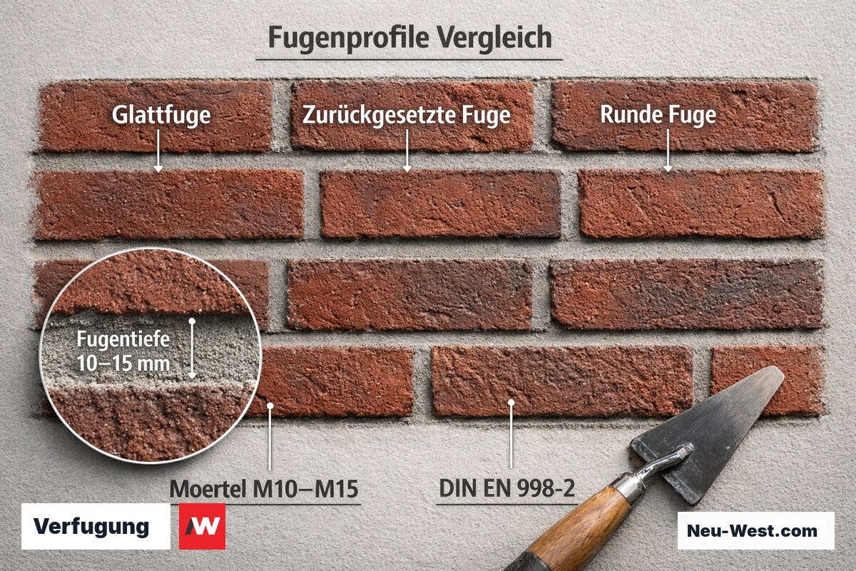 Drei Fugenprofile – bündig, vertieft und Rillenfuge – bei Klinkerfassade mit Mörtel nach DIN EN 998-2.