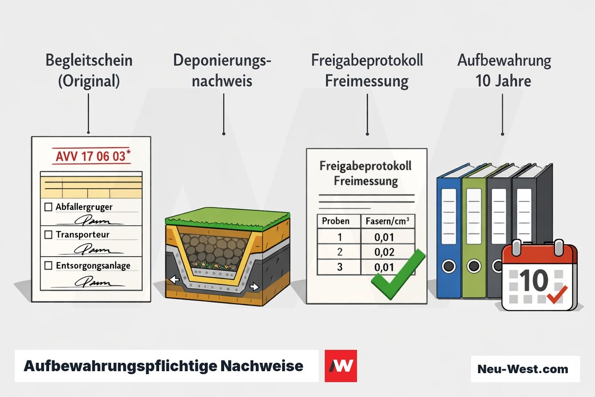 Erklär-Grafik der vier aufzubewahrenden Nachweisdokumente nach KMF-Rückbau: Begleitschein, Deponierungsnachweis, Freigabeprotokoll und Archivierung.