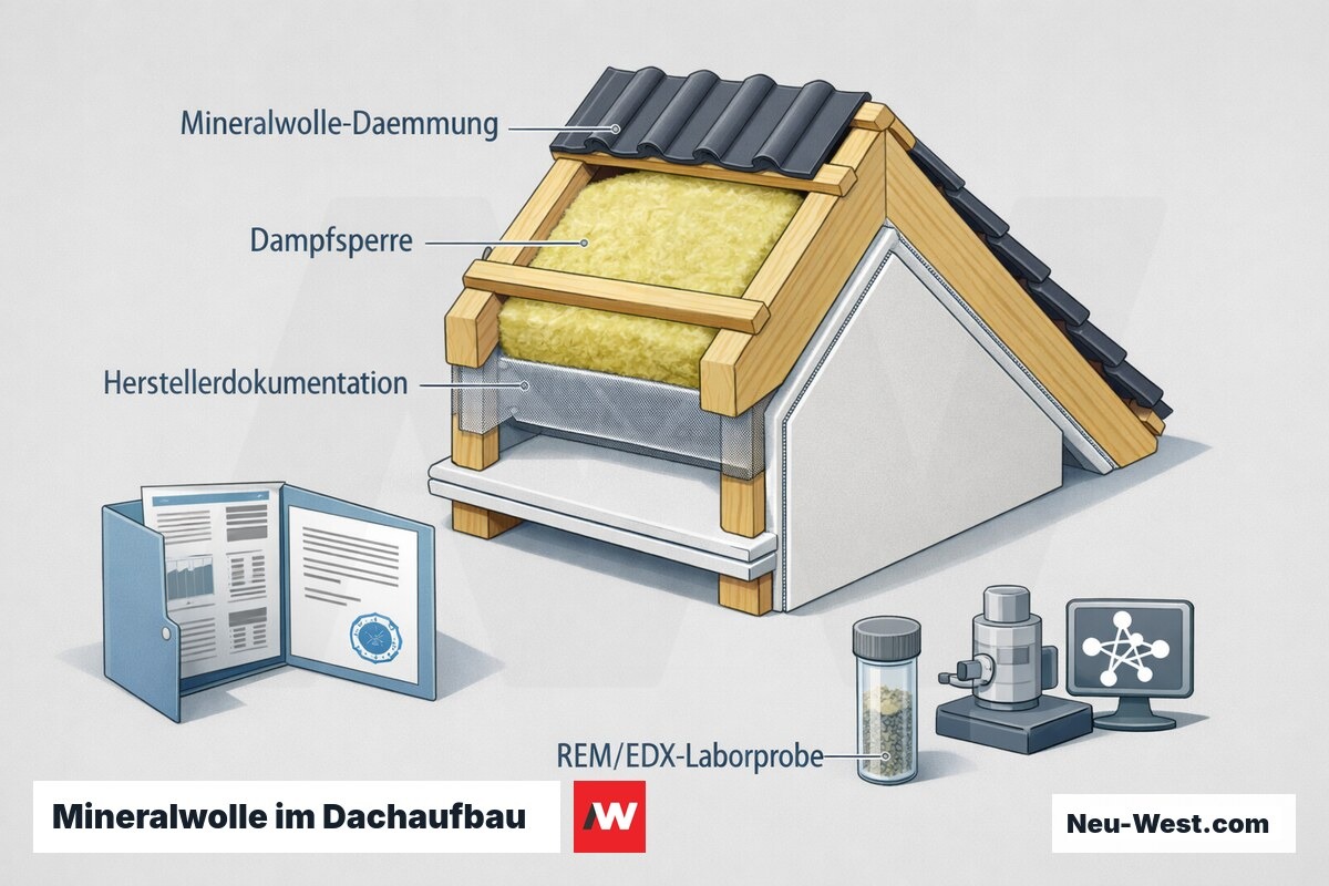 Querschnitt eines Dachaufbaus mit Mineralwolle-Dämmung zwischen Sparren, Dampfsperre, Herstellerdokumentation und REM/EDX-Laborprobe zur Faseridentifikation.