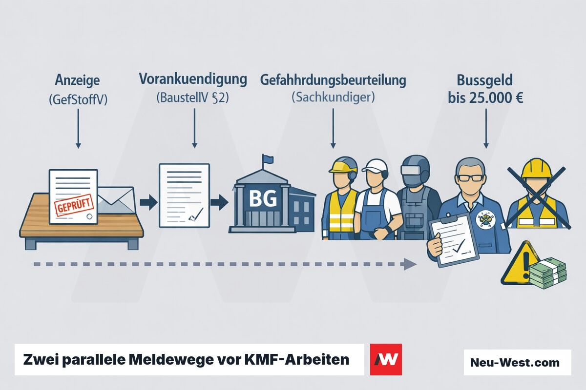 Prozessgrafik der zwei unabhängigen Meldepflichten vor KMF-Arbeiten: Anzeige nach GefStoffV, Vorankündigung nach BaustellV, Gefährdungsbeurteilung durch Sachkundigen, Bußgeldrisiko.