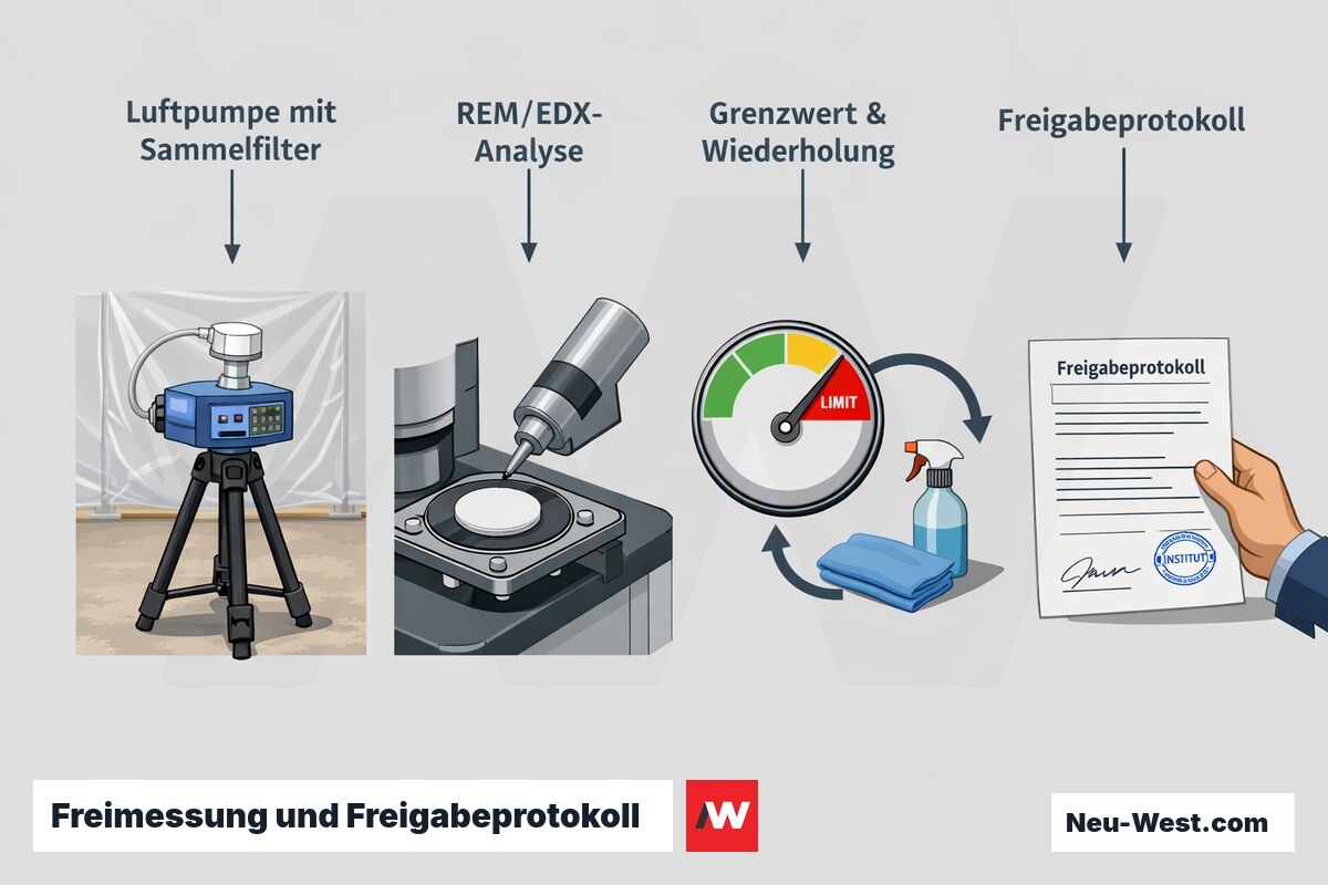 Ablaufgrafik der Freimessung nach Rückbau: Luftprobenahme, REM/EDX-Filteranalyse, Grenzwertprüfung mit Wiederholungsmessung und Freigabeprotokoll-Übergabe.