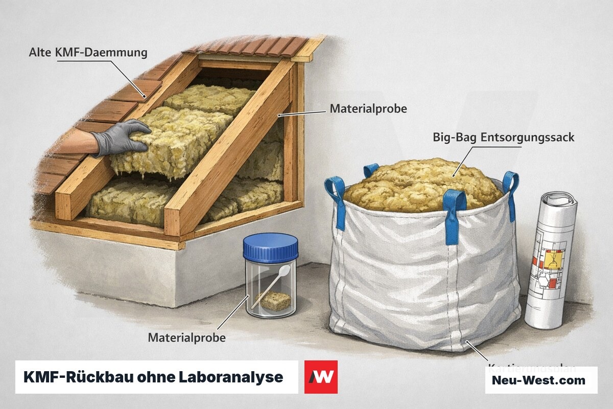 Querschnitt-Illustration eines Dachbodens: Ausbau alter Mineralwolle-Dämmung mit Materialprobe, Big-Bag-Entsorgungssack und Schadstoffkartierungsplan.