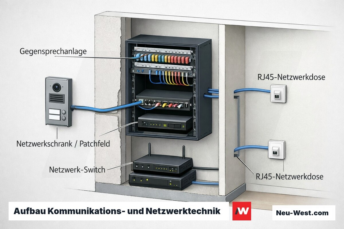 Schnitt-Illustration der gebaeudeseitigen Kommunikations- und Netzwerkinfrastruktur mit Gegensprechanlage, Netzwerkschrank, Switch und RJ45-Dosen.